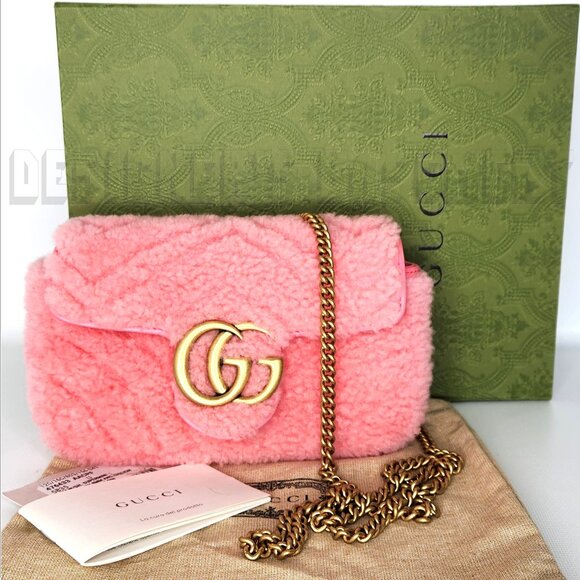 GUCCI pink Super Mini GG MARMONT Shearling Matelasse Crossbody shoulder Bag NIB - Picture 2 of 8